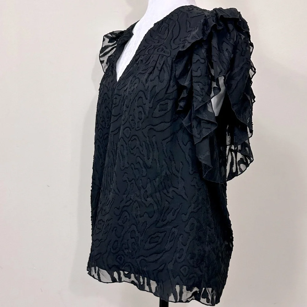 NWOT Anna Cate Black w Lace Overlay Ruffle Sleeves V-Neck Collar Pullover Top M - Picture 3 of 14